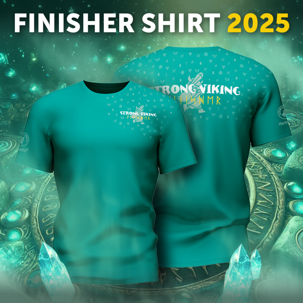 Strong Viking Finisher Shirt 2025: Legend of Fenrir, a turquoise shirt with white and yellow.