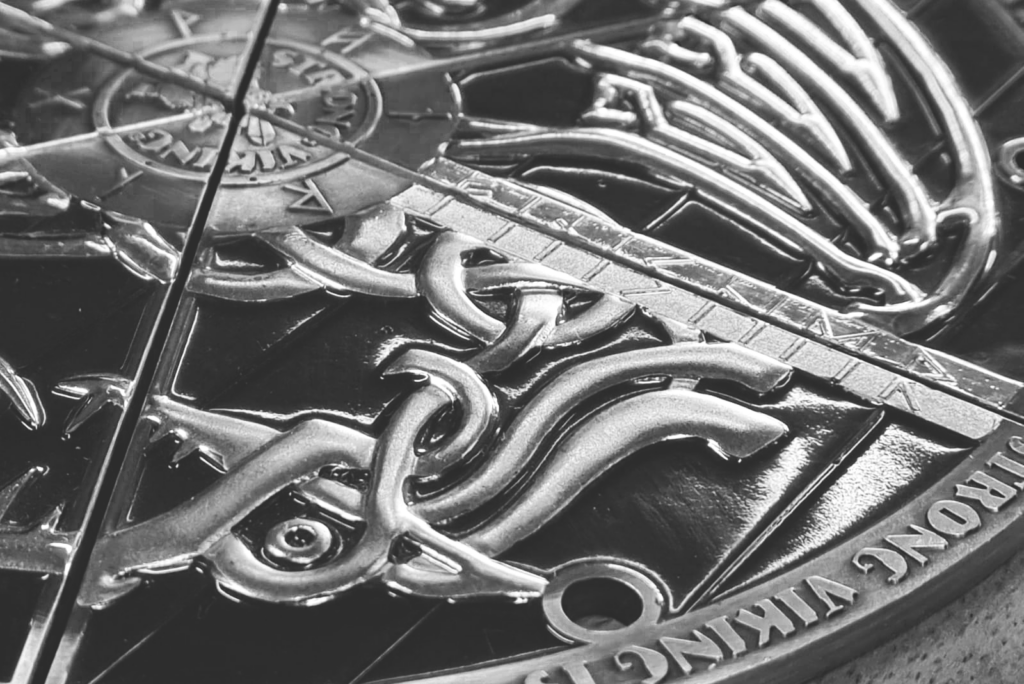 Close-up of the Varjagen Shield in grayscale.